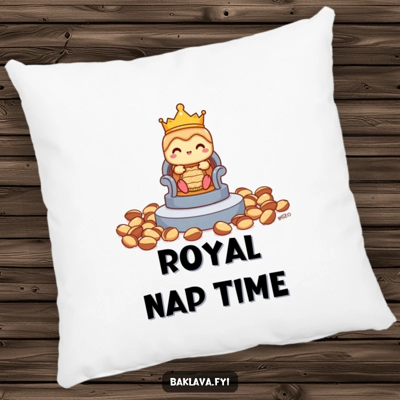 Funny shy baklava pillow with a tiny crown, contemplating a pistachio throne, bringing soft comfort and whimsical charm.