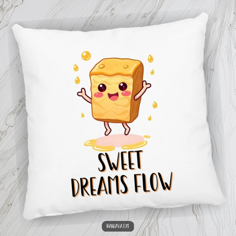 Funny baklava slice dancing with syrup droplets, a soft and humorous decorative pillow.
