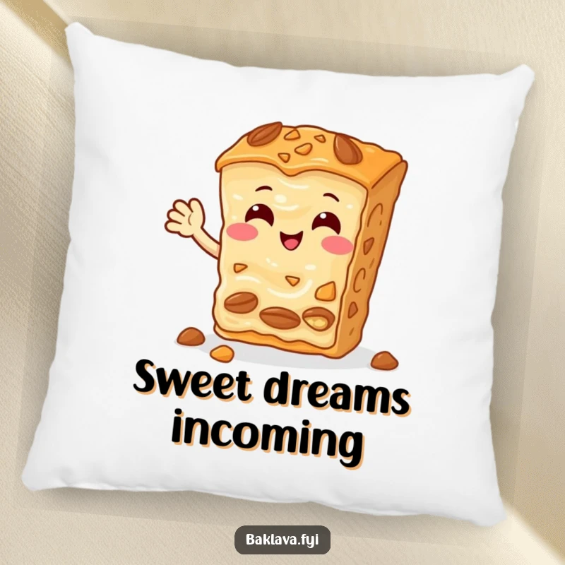 Funny Baklava Pillow featuring a cheerful slice with nuts, waving hello, a soft and sweet decorative accent.