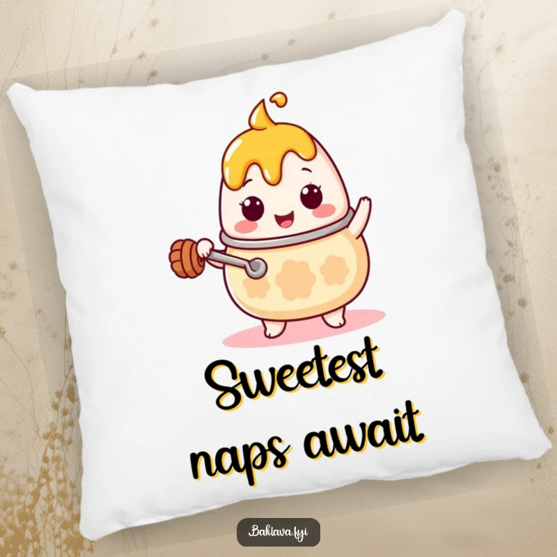 Funny Kawaii honey pot character with a tiny ladle, stirring enthusiastically, printed on a soft and plush pillow, creating a humorous and cute accent.