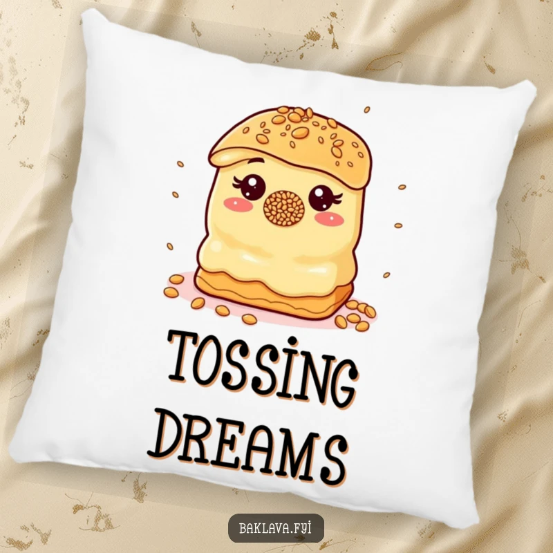Funny Pillow: A baklava with a sprinkle nose juggles sesame seeds, a funny and cozy decorative accent.