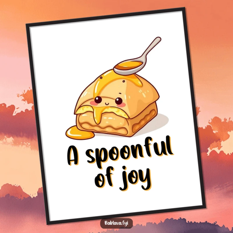 Funny digital art print of a curious baklava character tasting honey with a spoon. Instant sweet decor.