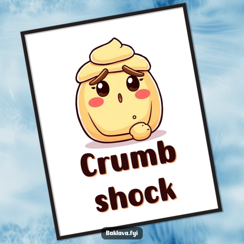 Funny surprised pastry with raised crust eyebrows, reacting to a falling crumb, as a downloadable digital art print, offering instant humorous decor.