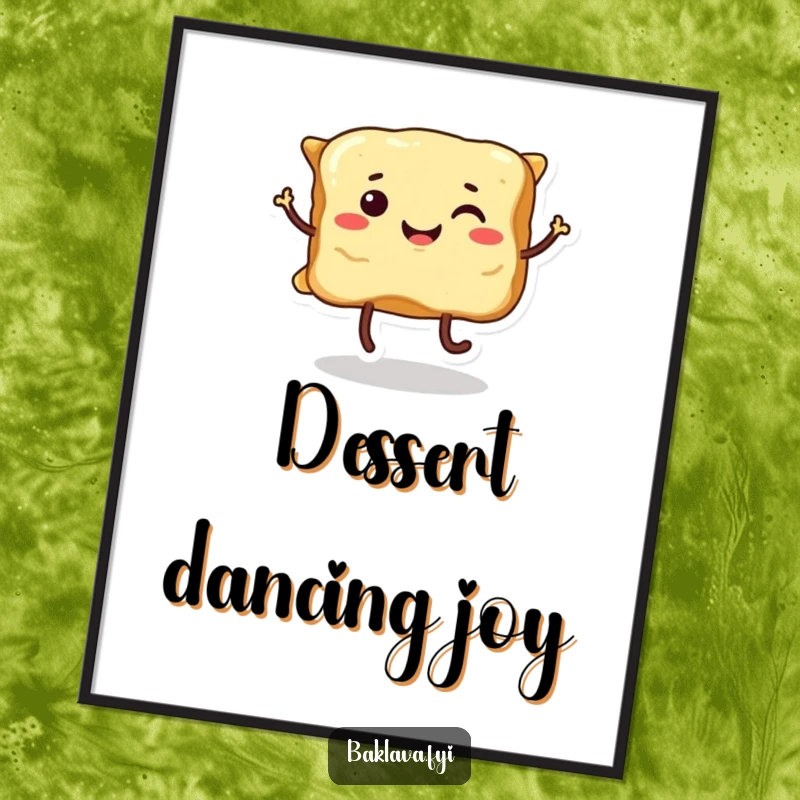 Funny smiling baklava with legs, captured mid-dance, radiating sweet mischief and humor for digital art prints.