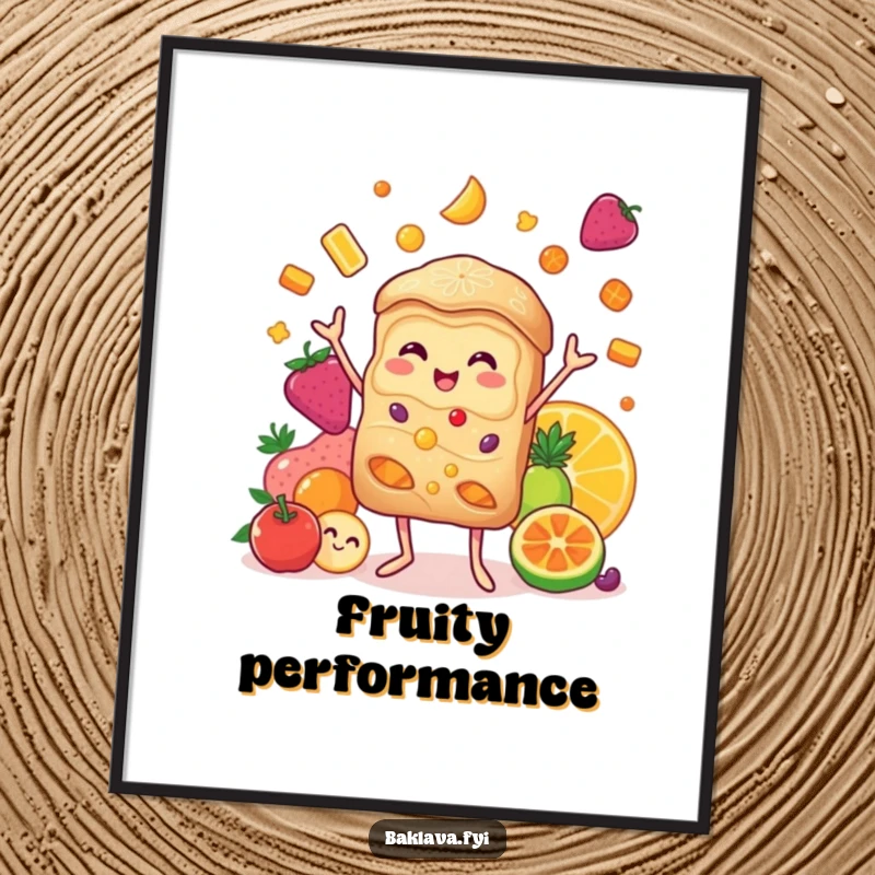 Funny baklava digital art print showcasing a cheerful character juggling a vibrant assortment of candied fruits, a masterpiece of joy.