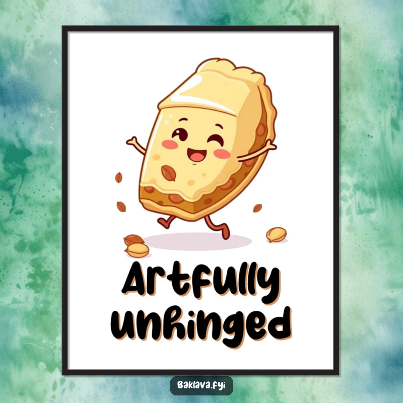 Funny baklava slice cartwheel digital art with scattered nuts, a lively and humorous printable for dessert enthusiasts.