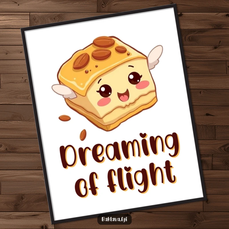 Funny Baklava Digital Art Print of an almond-studded slice comically attempting to fly, offering hilarious sweet humor.