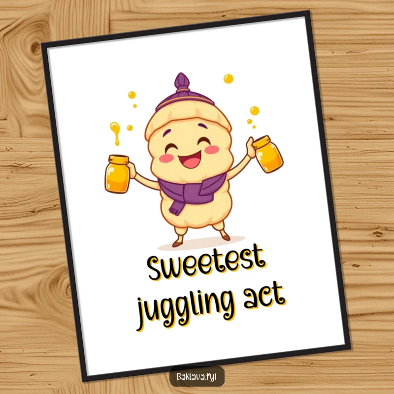 Funny digital art: a grinning baklava character juggles honey jars with pure delight and sweetness.