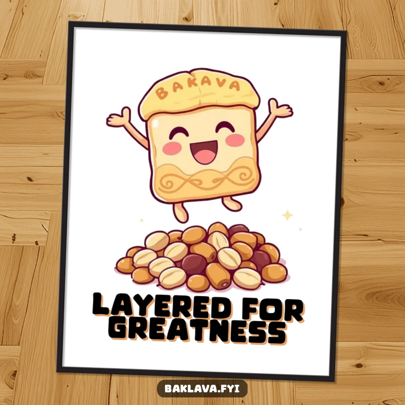 Funny baklava digital art print of a delighted baklava character joyfully leaping over a small pile of nuts, conveying pure, sweet humor.