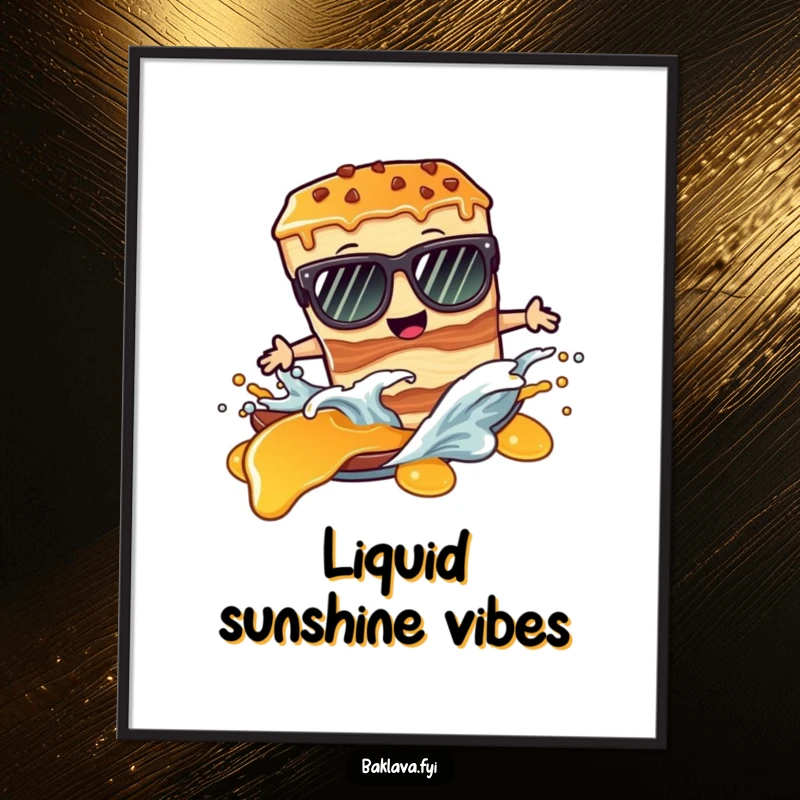 Funny digital art: a baklava slice with sunglasses surfs a syrup wave, full of cool energy.