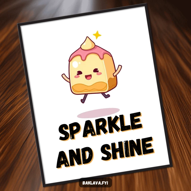 Funny Baklava Digital Art Print of a whimsical, sparkly slice in a joyful jump, offering sweet humor and fun.