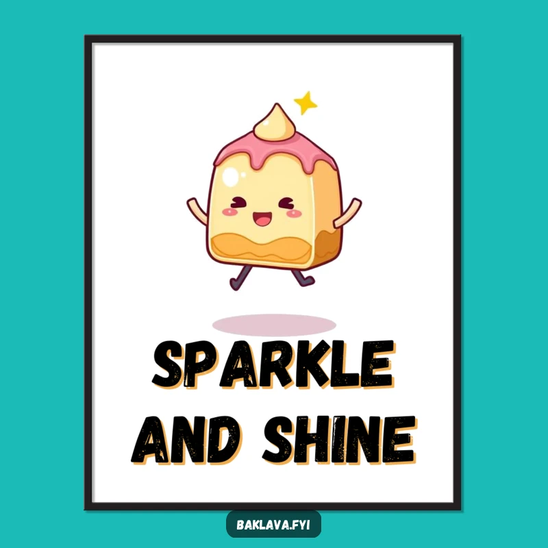 Funny Baklava Digital Art: Whimsical Sparkly Slice Jumping, Sweet Printable Gift