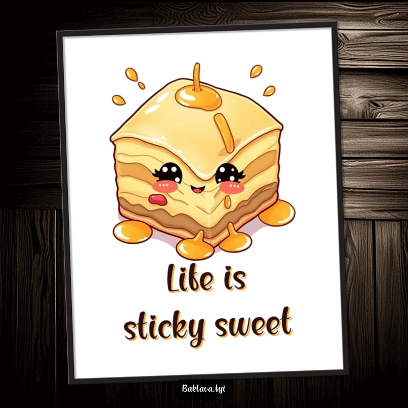 Funny digital art print of a baklava character winking playfully while juggling syrup, celebrating sweet indulgence.