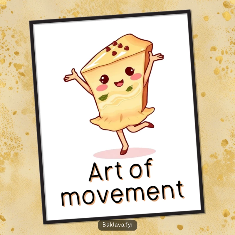 Funny baklava pirouette digital art print of a delighted baklava slice performing a graceful dance, adding artistic flair.