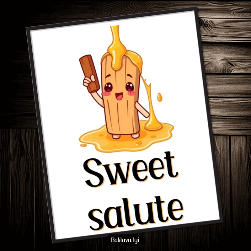 Funny digital art print of a cinnamon stick character comically saluting a giant honey drizzle, offering sweet-themed humor for instant download.