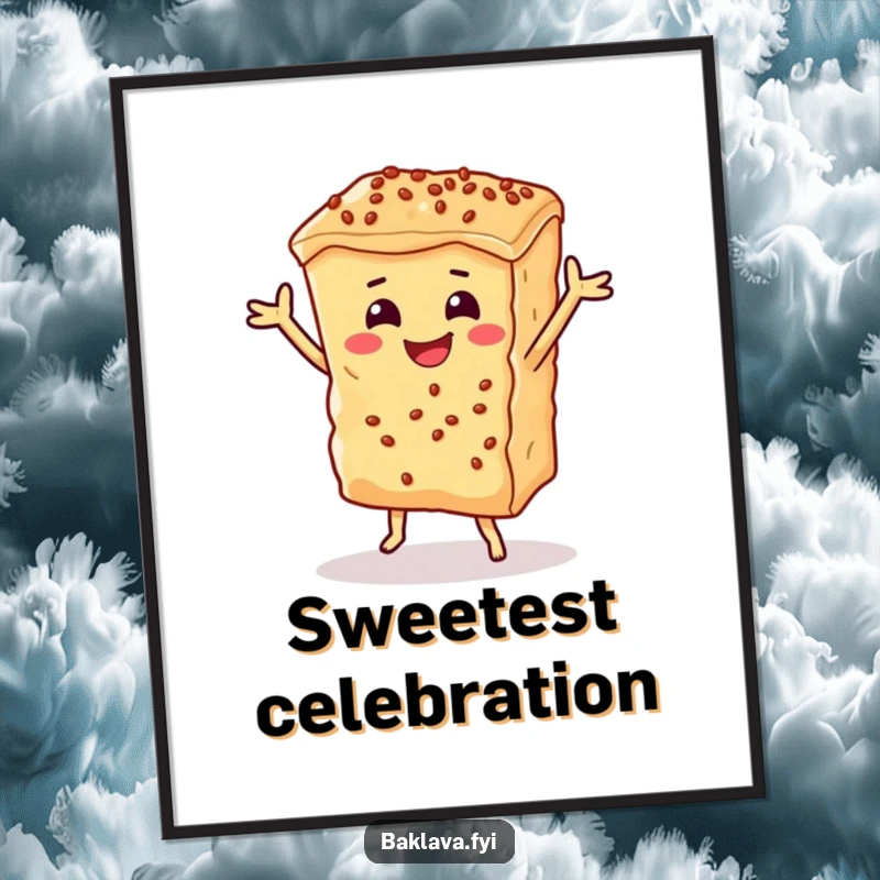 Funny baklava piece joyfully dancing, a digital art print ready for download, bringing sweet, dessert-themed humor.