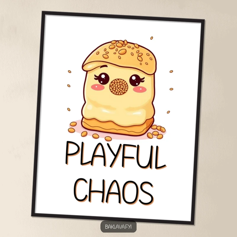 Funny Digital Art Print: A baklava with a sprinkle nose juggles sesame seeds, a humorous and whimsical piece.