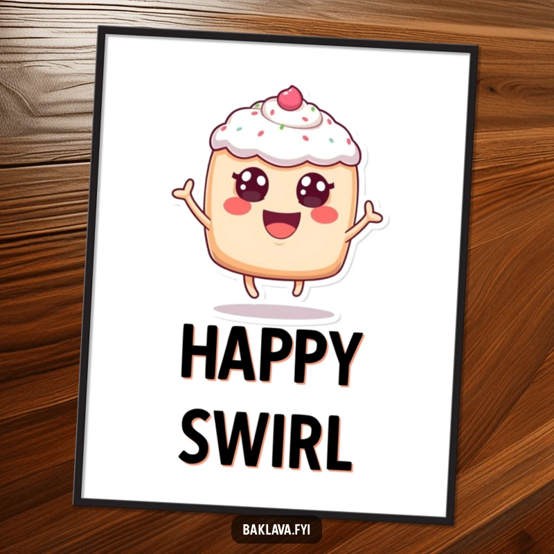 Funny, cheerful anthropomorphic pastry with frosting eyes leaping joyfully, as a downloadable digital art print, offering instant cheerful decor.