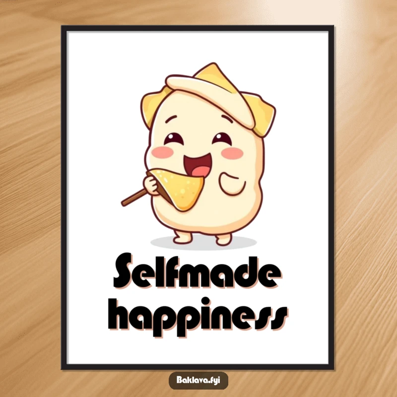Funny, joyful phyllo dough character happily taking a bite from itself, as a digital art print, offering instant humorous and whimsical decor.