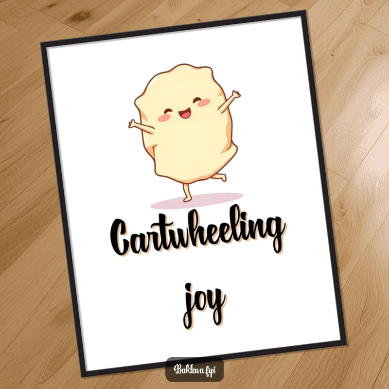 Funny phyllo dough digital art print of a cheerful sheet doing a cartwheel, perfect for adding baking humor to any wall.