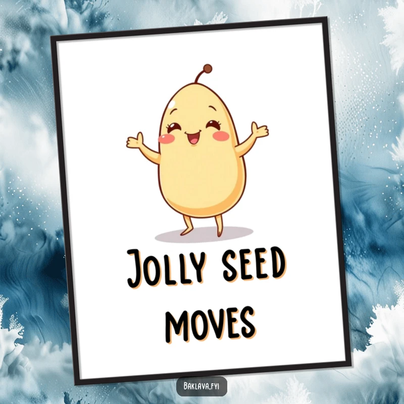 Funny digital art print of a jolly sesame seed doing a tiny jig, offering instant energetic and humorous decoration.