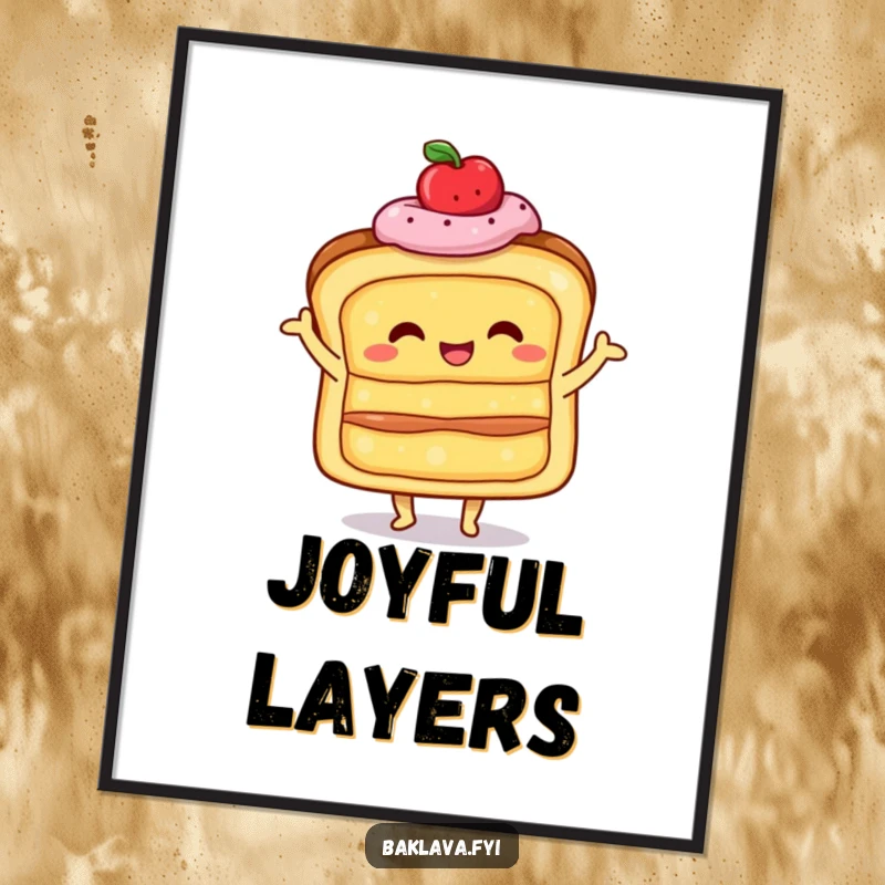 Funny happy, layered pastry doing a little shimmy, as a downloadable digital art print, offering instant celebratory and humorous decor.