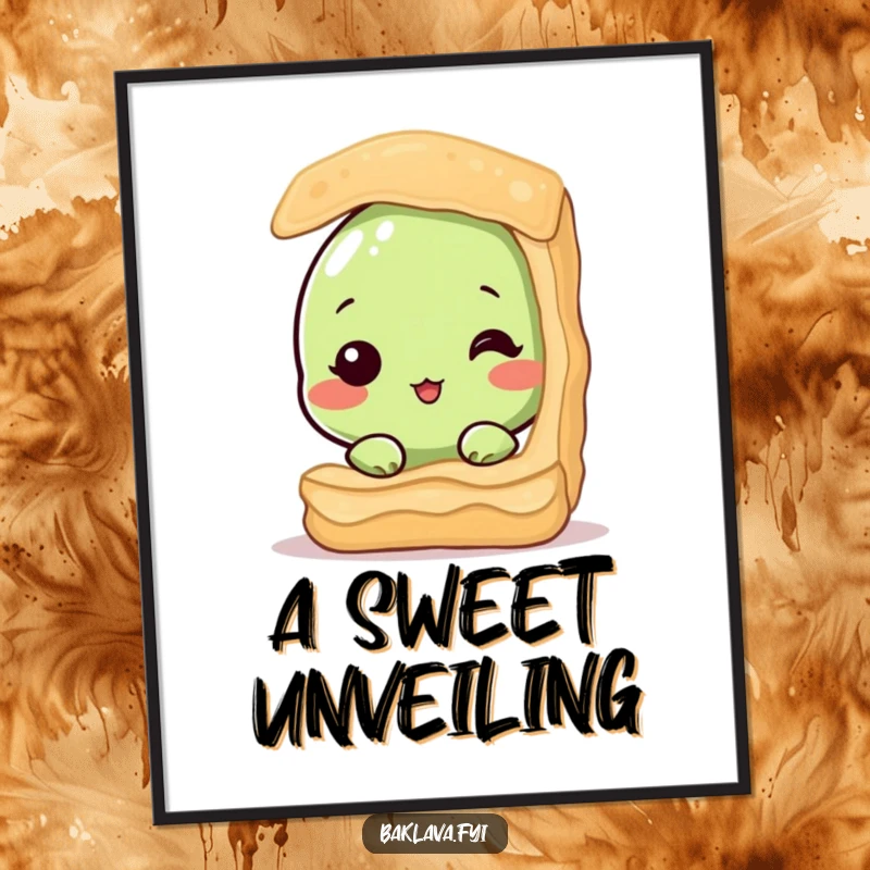 Funny digital art print of a shy pistachio nut peeking from baklava, offering charming and humorous visual appeal. Instant downloadable treat.