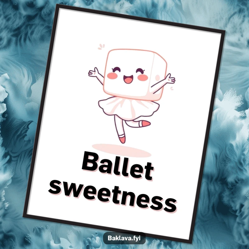 Funny sugar cube digital art print of a delighted cube performing a ballet pirouette, perfect for adding sweet humor to any wall.