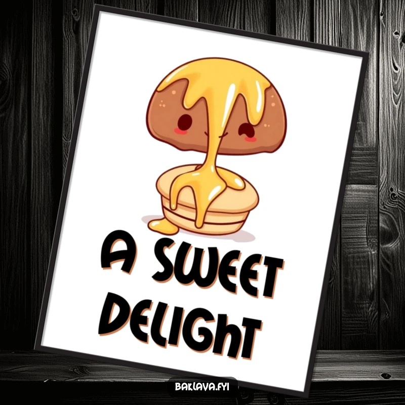 Funny digital art print of a happy syrup drizzle cascading over a pastry, offering instant sweet humor.