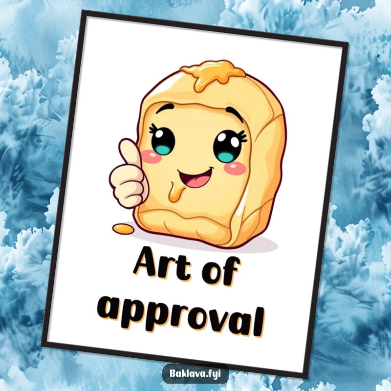 Funny cheerful baklava digital art print giving a thumbs up with a syrupy smile, radiating positivity and sweetness.