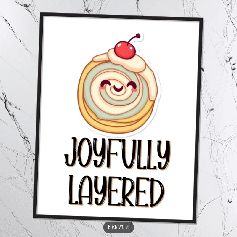 Funny pastry character joyfully twirling with a cherry on top, sweet and delightful digital art print.