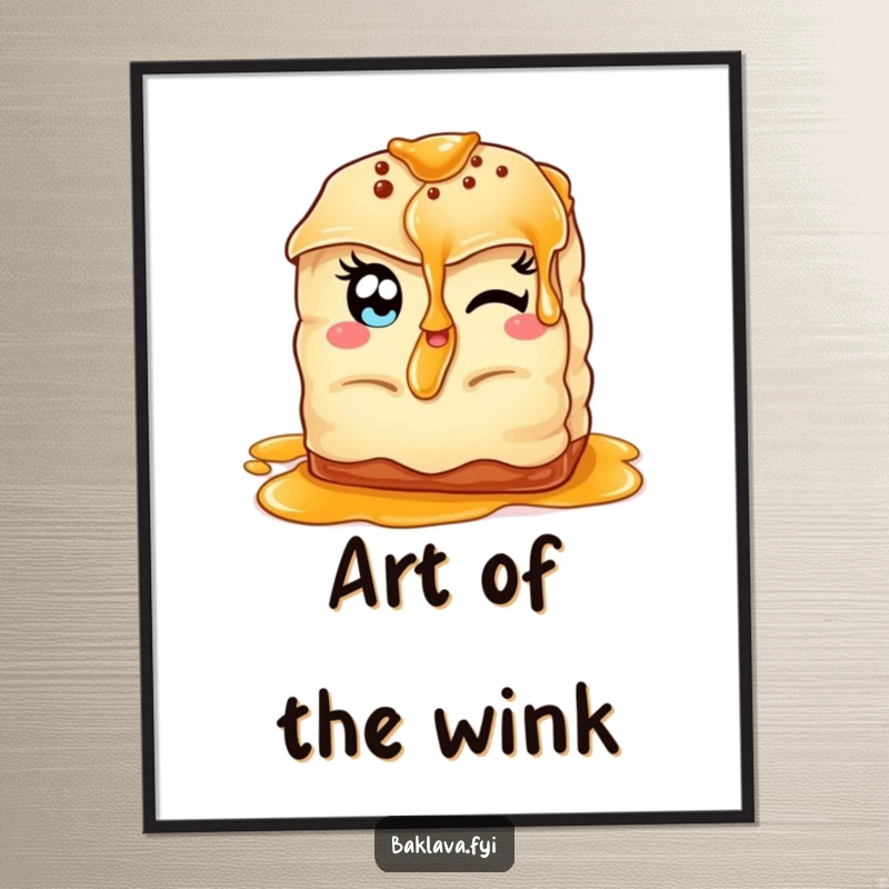 Funny winking baklava digital art print of a baklava with almond eyes, offering syrup, adding playful charm to decor.