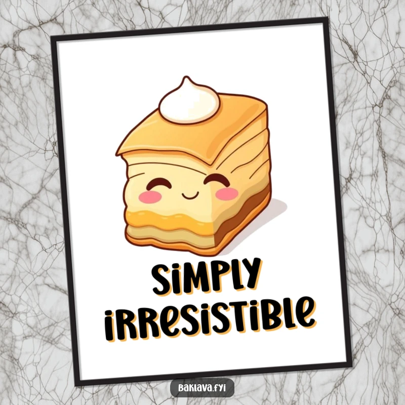 Funny baklava slice winking with cream, as a downloadable digital art print. Humorous dessert-themed decor.