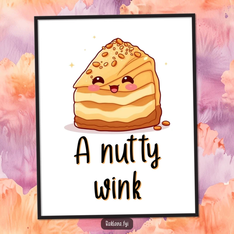 Funny baklava slice character winking with nuts, sweet and delightful digital art print.