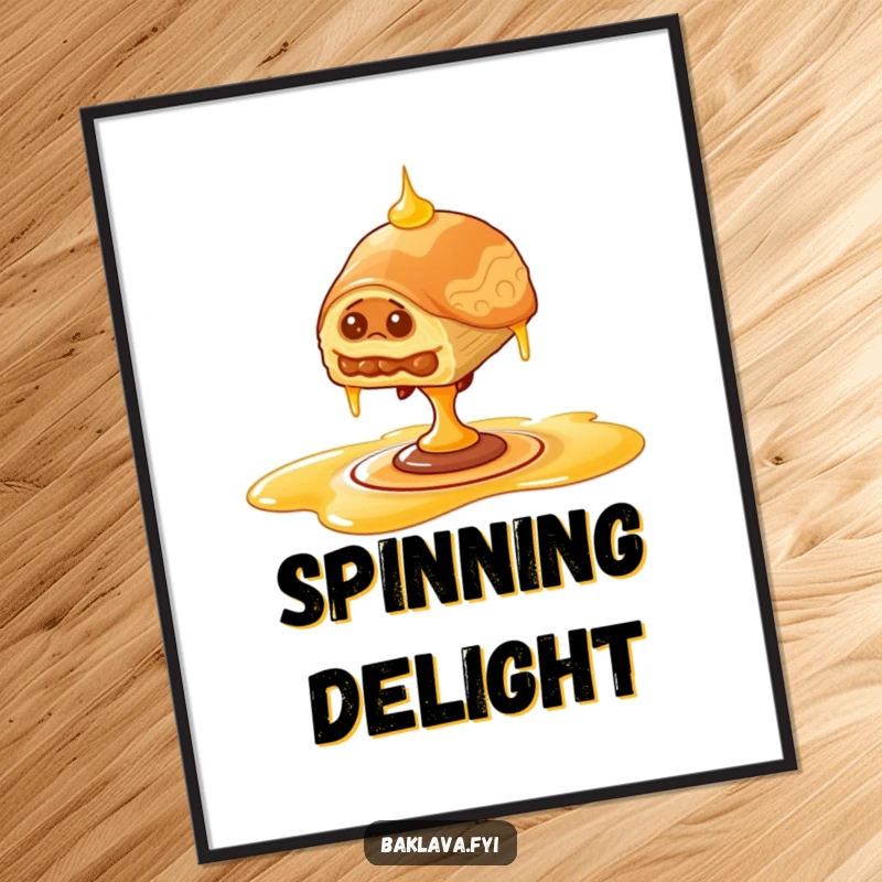 Funny wobbly baklava digital art print, downloadable art of baklava balancing on honey, conveying humorous balance.