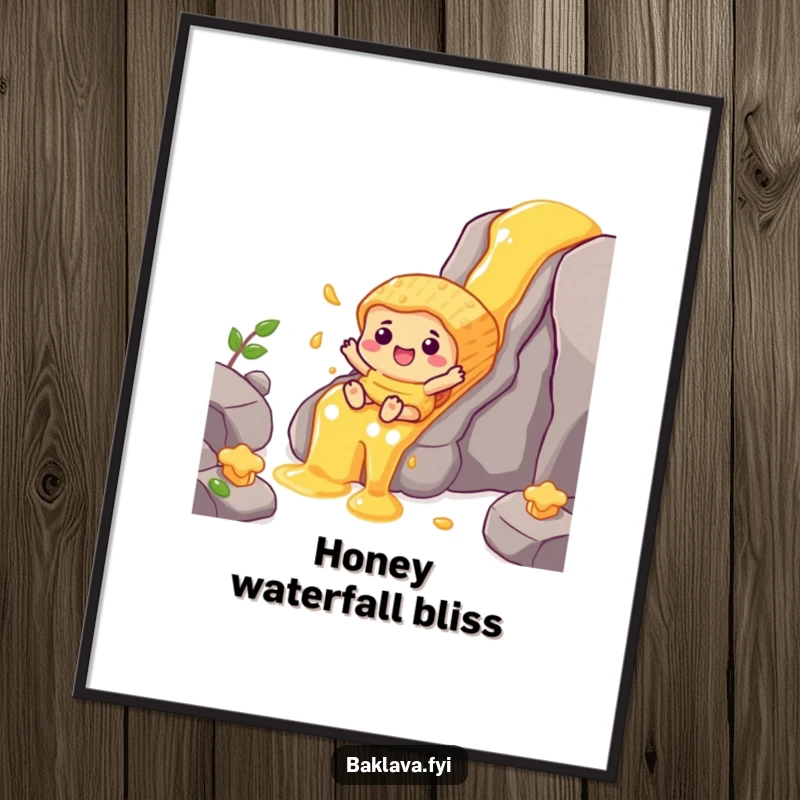 Funny cheerful baklava character sliding down a golden honey waterfall, a charming and humorous digital art print.