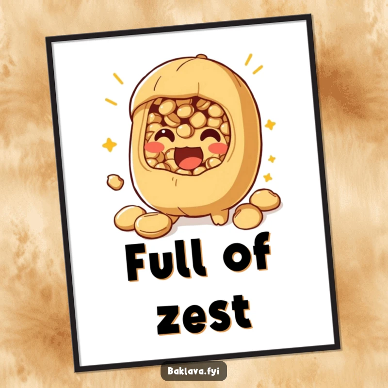 Funny nut filling digital art print of a playful character bursting with excitement, perfect for instant flavor-themed decor.