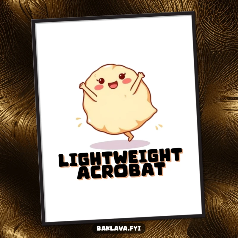 Funny phyllo dough sheet digital art print of a cartwheeling dessert layer, perfect for instant baking-themed decor.