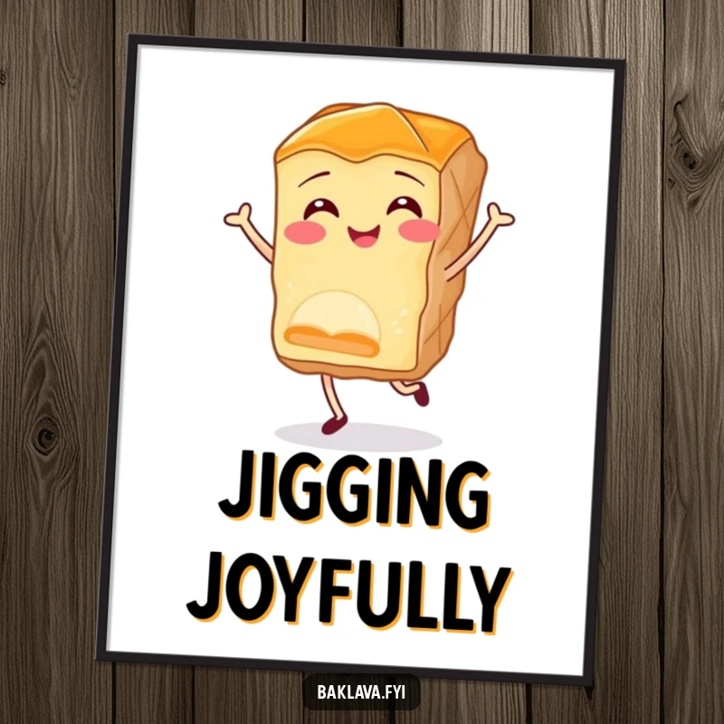 Funny baklava digital art print of a smiling piece of pastry doing a joyful little jig, perfect for adding humor to any wall.