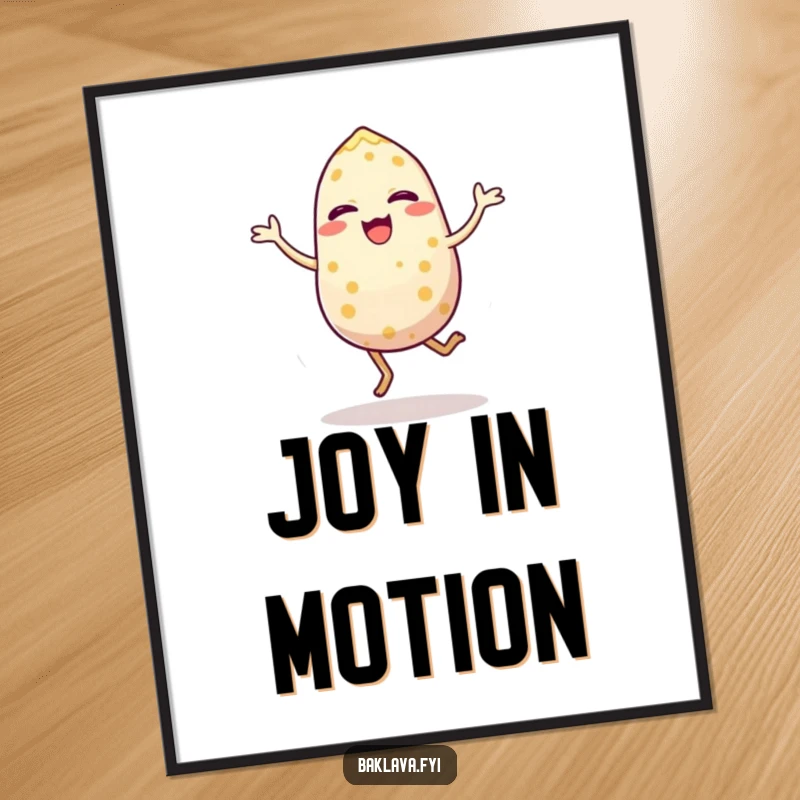 Funny digital art print of a sesame seed doing an energetic hop, radiating pure joy and playful animation. Instant downloadable humor.