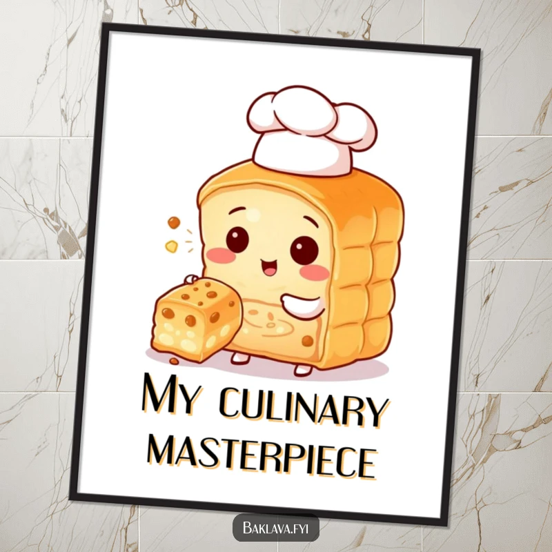 Funny baklava character chef in a small hat, offering a bite, a cute and humorous digital art print.