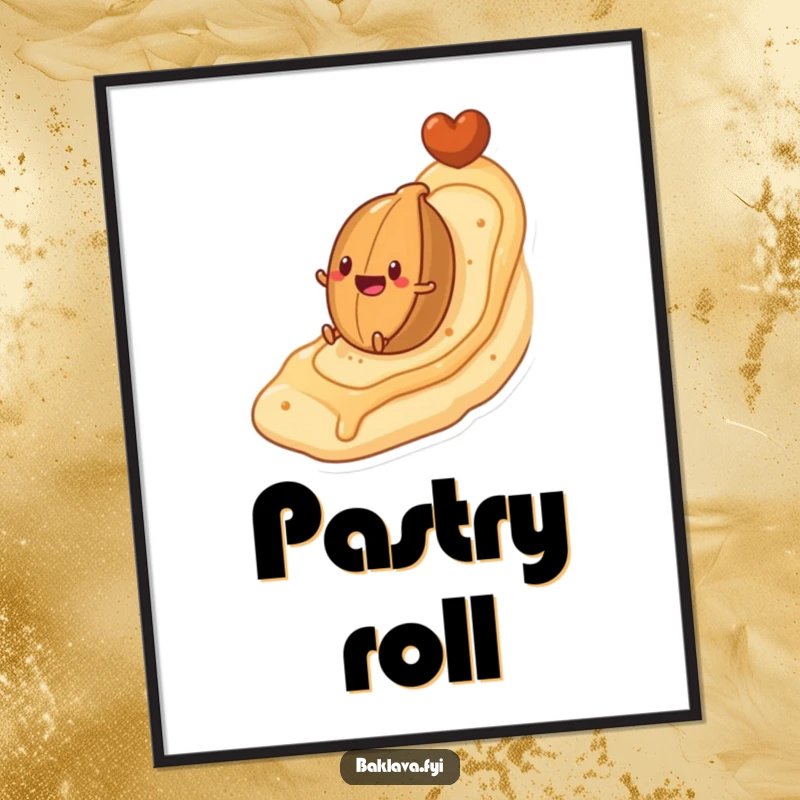 Funny digital art print of a nut character rolling down a flaky pastry hill, offering sweet, humorous art for instant download.
