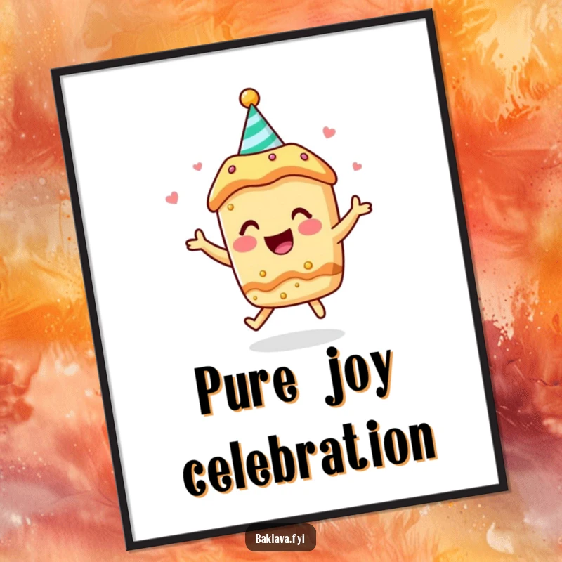 Funny digital art: a baklava character in a party hat bounces with pure, unadulterated joy.