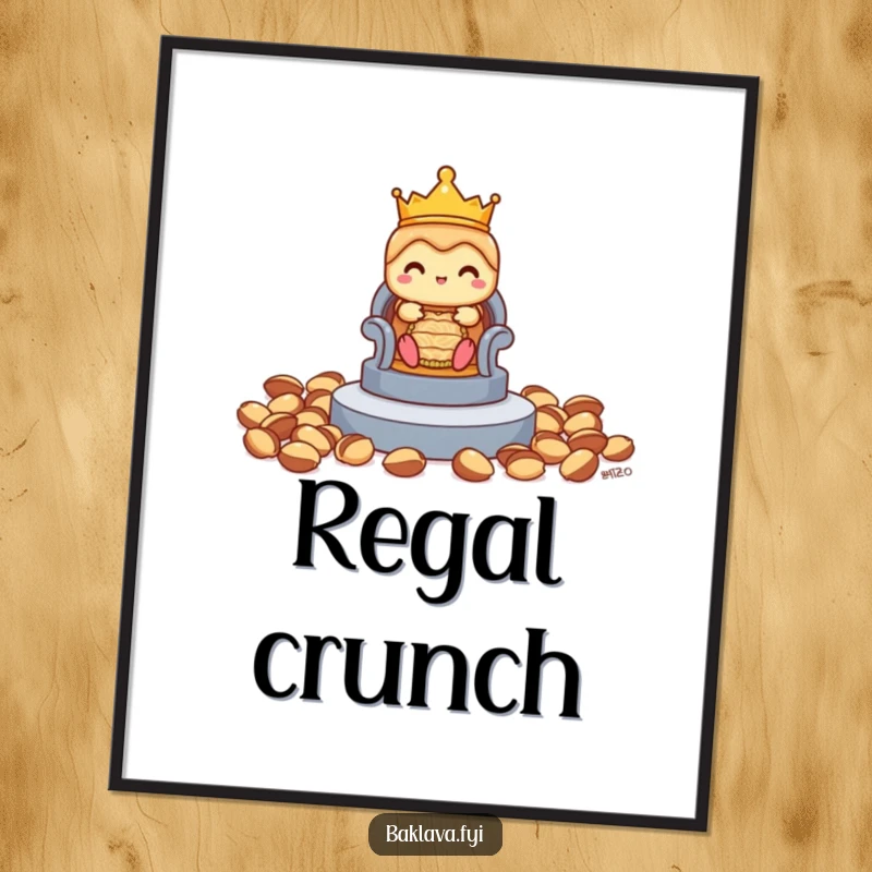 Funny shy baklava digital art print depicting a crowned baklava contemplating a pistachio throne, adding a regal and humorous touch.