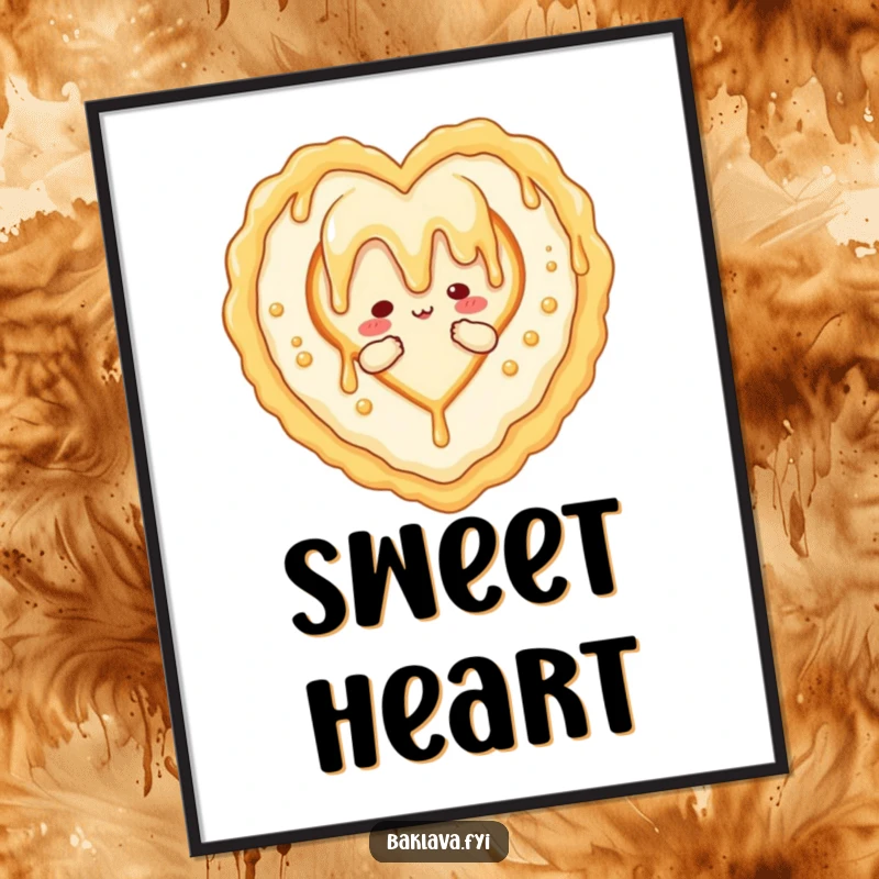 Funny digital art print of a honey drizzle character forming a heart around baklava, offering sweet, loving humor for instant download.