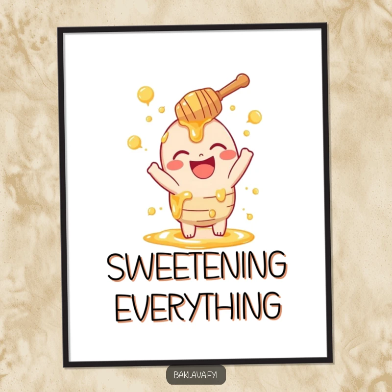 Funny honey dipper digital art print of a laughing dipper playfully sprinkling swirls, perfect for adding sweetness and humor to any wall.