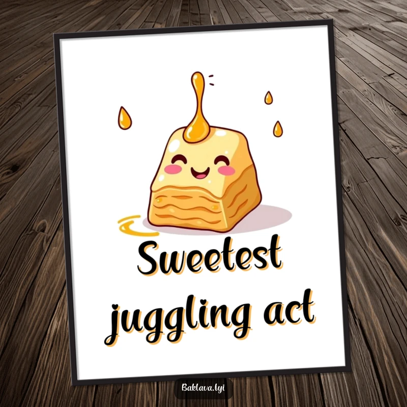Funny baklava digital art print of a slice juggling syrup, adding a cheerful and humorous touch to decor, perfect for kitchens and dessert lovers.