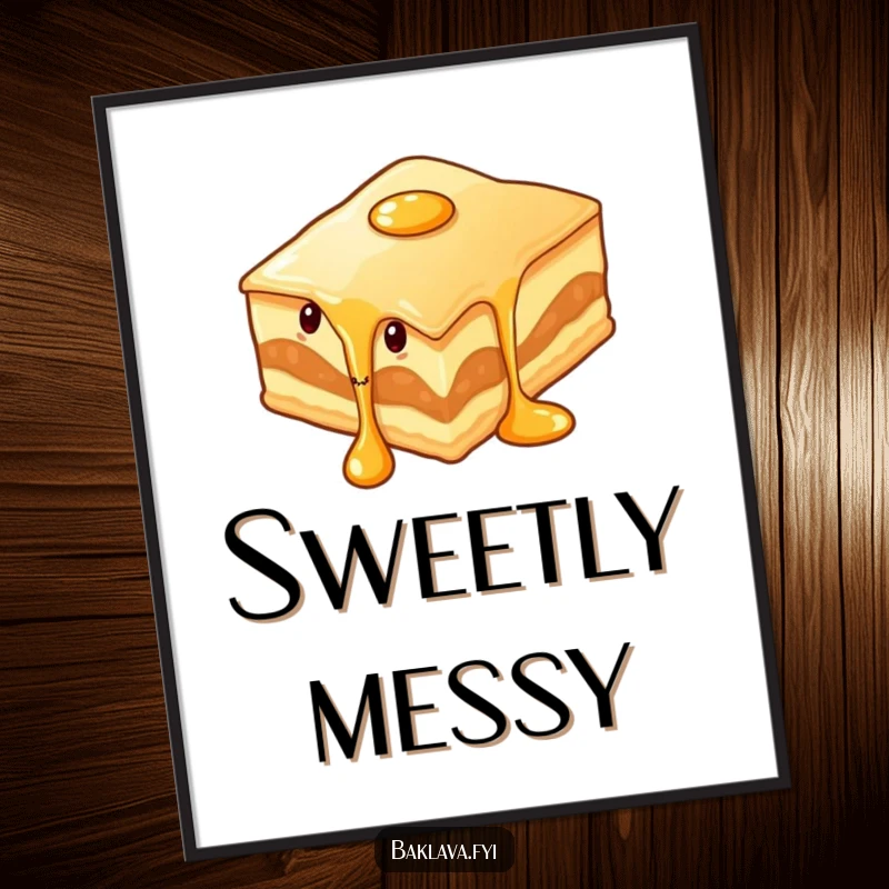 Funny wiggling baklava slice with syrup dripping, a digital art print ready for download, bringing saucy, dessert-themed humor.