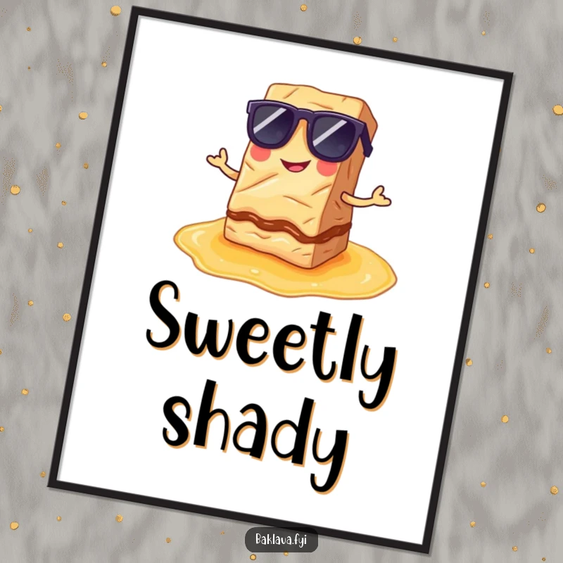 Funny Digital Art Print: A baklava slice in sunglasses poses on syrup, a humorous and stylish piece.
