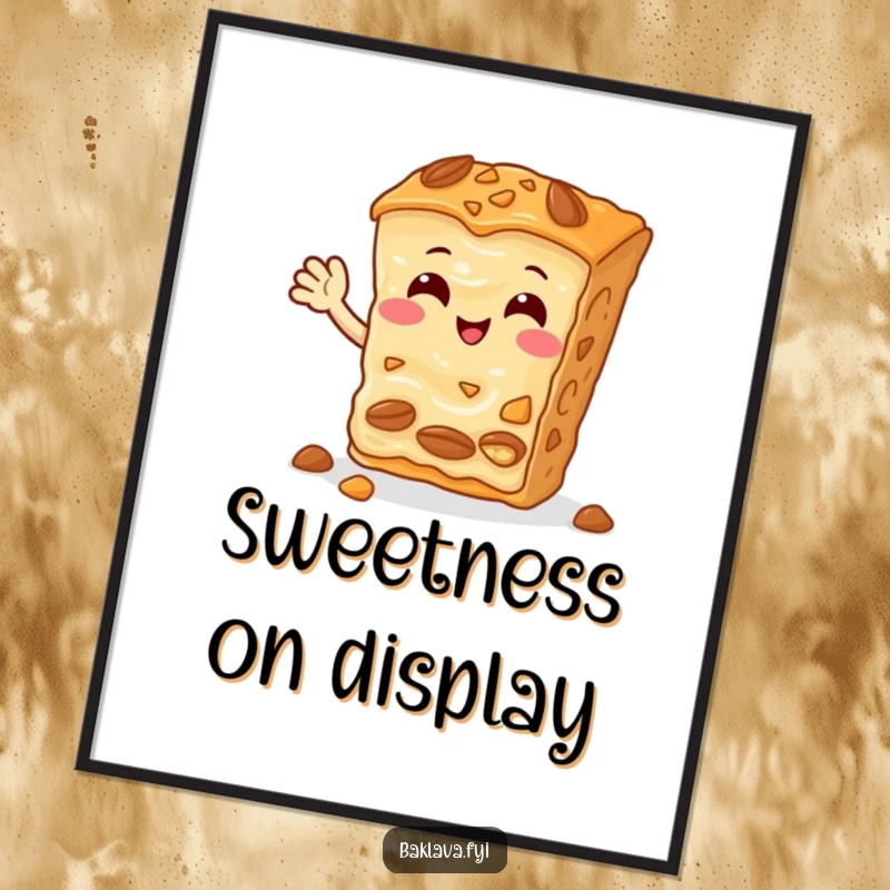 Funny Baklava Digital Art Print of a cheerful slice with nuts waving hello, offering sweet humor and vibrant personality.